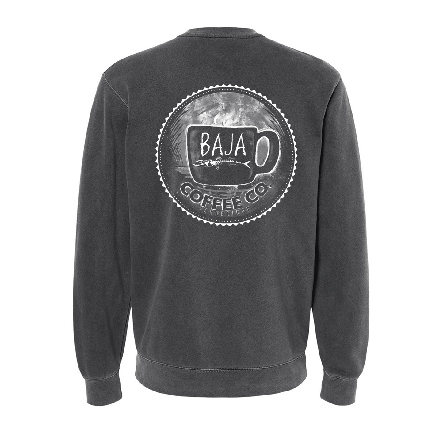 Baja Coffee Company (White, Stacked, Pocket) & Grayscale Emblem (Back) - Independent Trading Co. - Midweight Pigment-Dyed Crewneck Sweatshirt - PRM3500 (Pigment Black)
