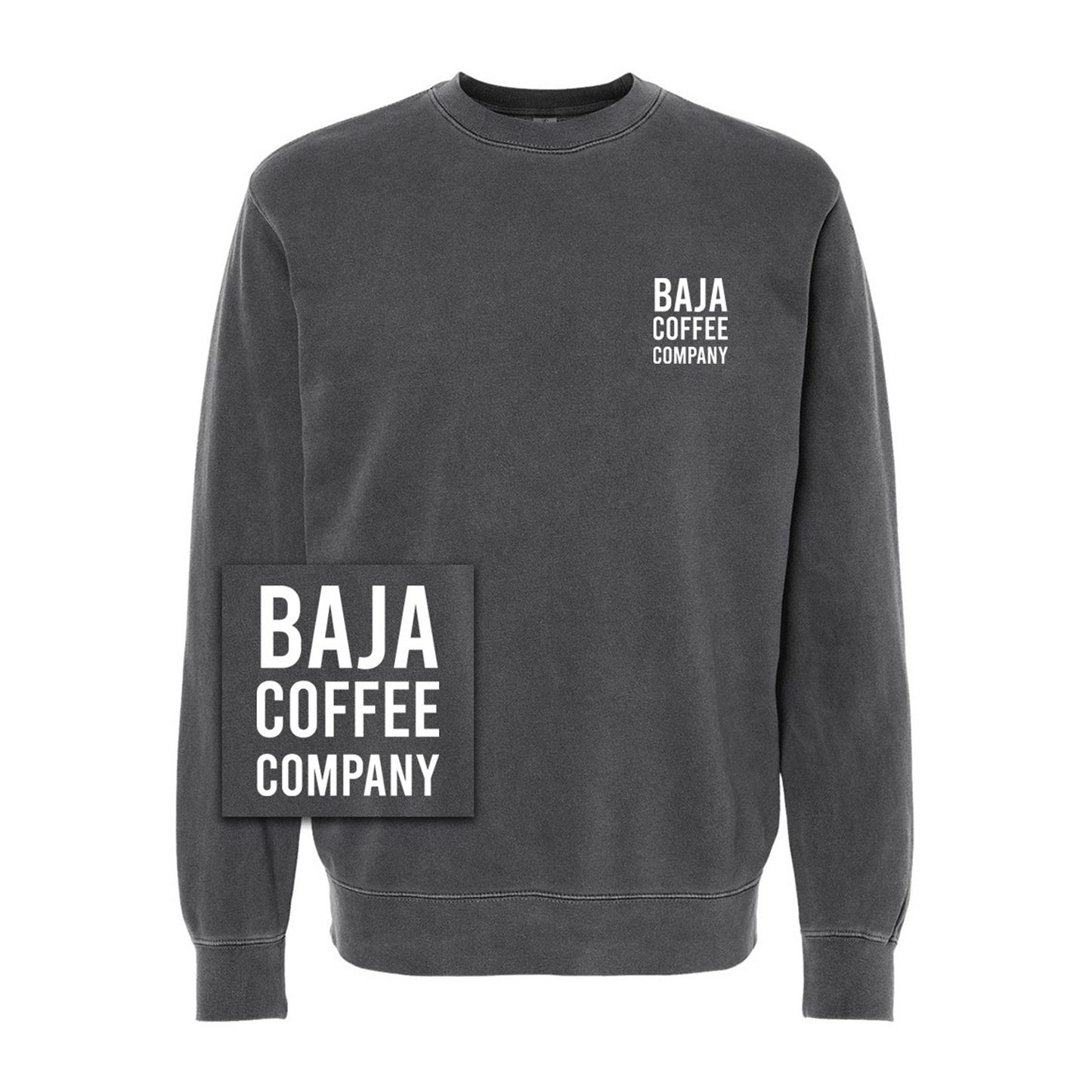 Baja Coffee Company (White, Stacked, Pocket) & Grayscale Emblem (Back) - Independent Trading Co. - Midweight Pigment-Dyed Crewneck Sweatshirt - PRM3500 (Pigment Black)