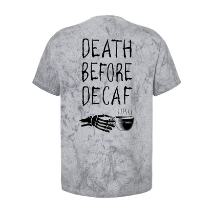 Baja Coffee Death Before Decaf (Pocket, Back) - Comfort Colors - Colorblast Heavyweight T-Shirt - 1745 - Smoke