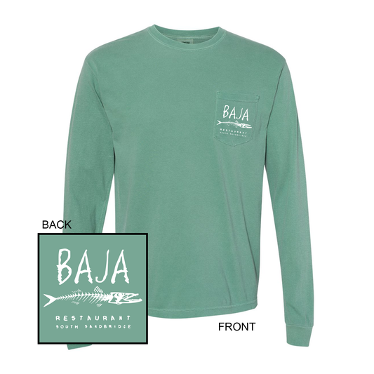 Baja Logo (White, Pocket & Back) - Tee - Long Sleeve (Comfort Colors - 4410 - Light Green)