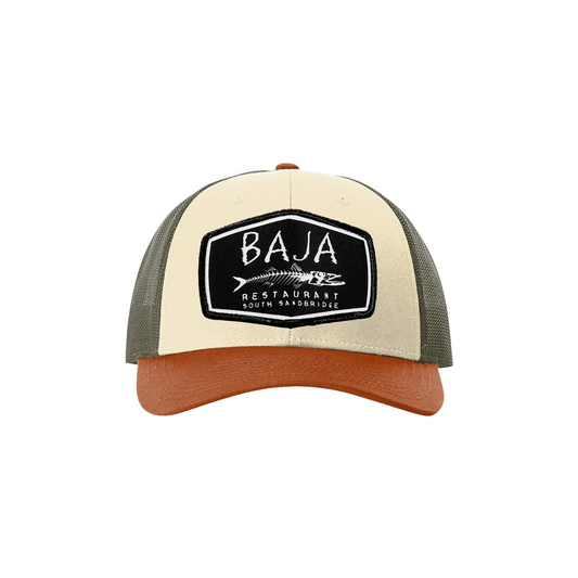 Baja Restaurant (Applique Embroidered Patch) - Trucker Hat (Richardson 115 - Cream/Loden Green/Dark Orange)