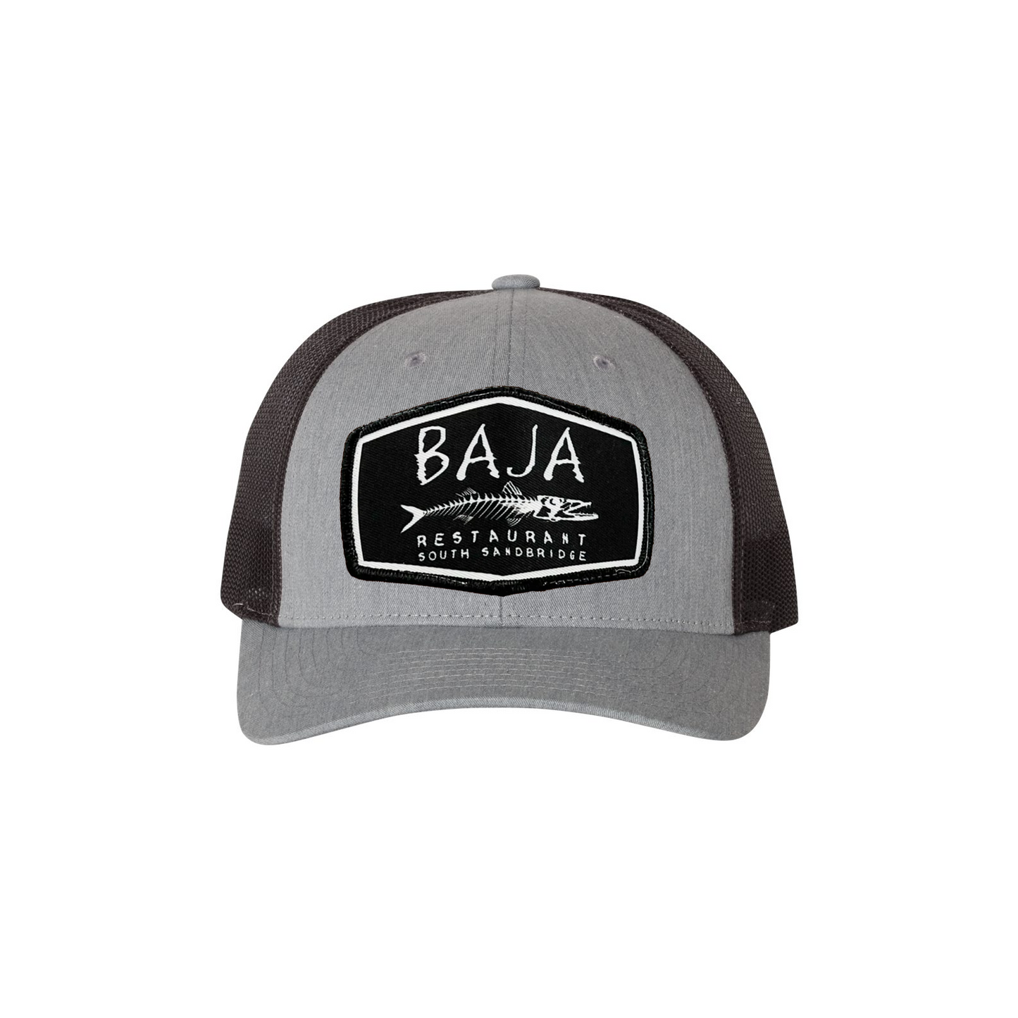 Baja Restaurant (Applique Embroidered Patch) - Trucker Hat (Richardson 115 - Heather Grey/Dark Charcoal)