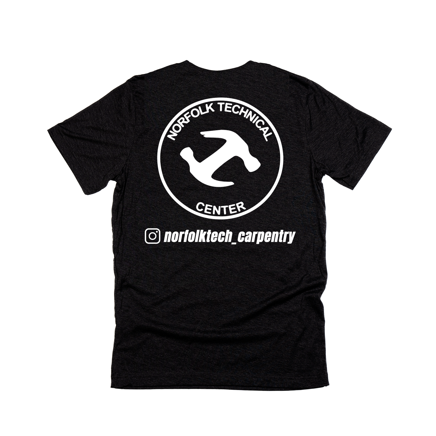 Carpentry (White, Across Front) & Norfolk Technical Center and Instagram Handle (White, Back) - Tee (BELLA + CANVAS - 3006 - Black)