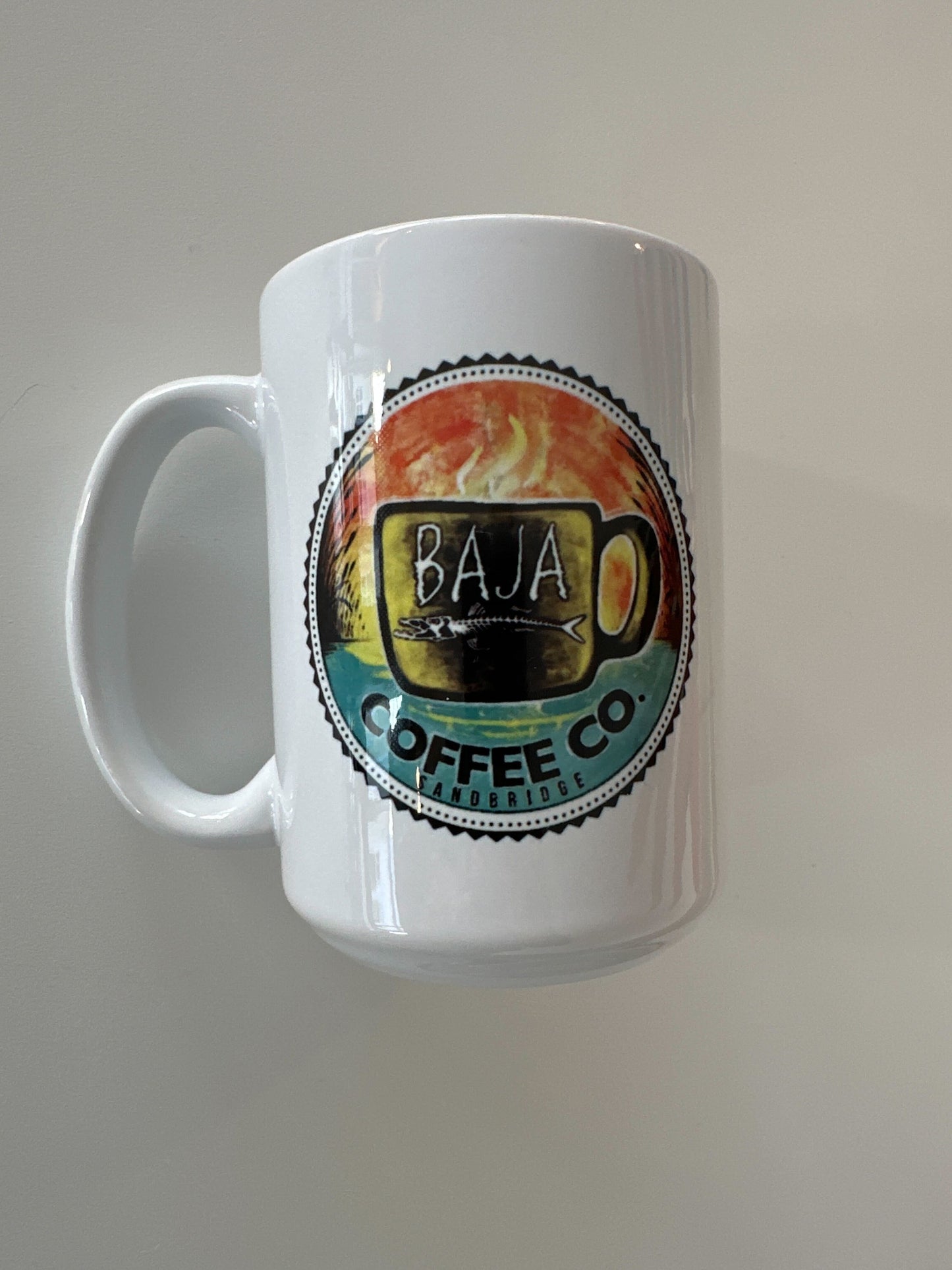 All White - 15 Ounce Ceramic Mug - Sublimation - Both Sides - Full Color Baja Coffee Logo