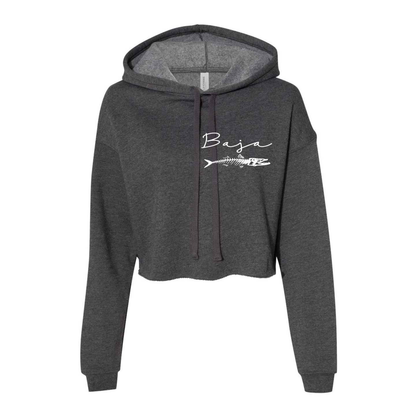 Baja Fish & Script Logo (White, Pocket) - Women's Crop Fleece Hoodie (BELLA + CANVAS 7502 - Dark Grey Heather)