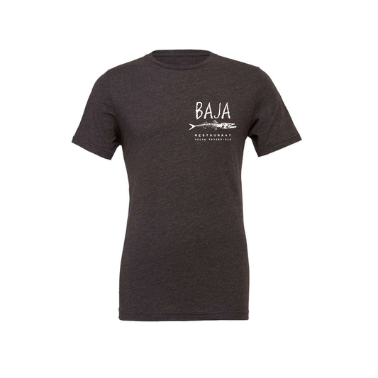 Baja Logo (White, Pocket & Back) - Tee (BELLA + CANVAS 3001CVC - Dark Grey Heather)