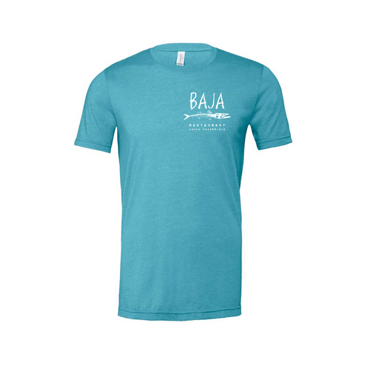 Baja Logo (White, Pocket & Back) - Tee (BELLA + CANVAS 3001CVC - Heather Aqua)