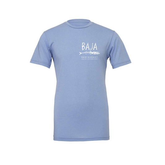 Baja Logo (White, Pocket & Back) - Tee (BELLA + CANVAS 3001CVC - Heather Blue)