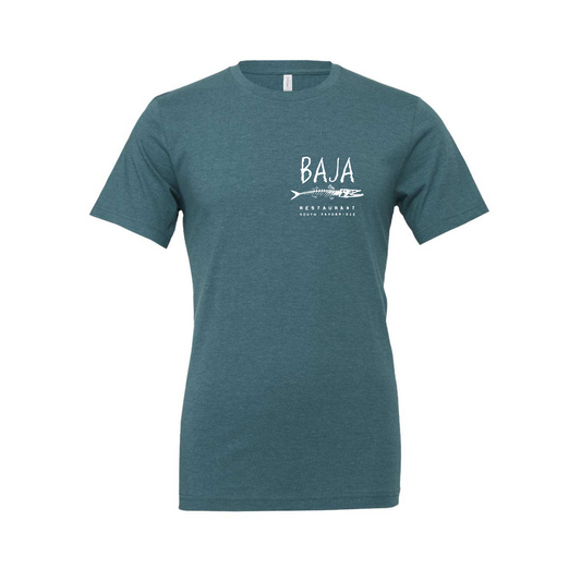 Baja Logo (White, Pocket & Back) - Tee (BELLA + CANVAS 3001CVC - Heather Deep Teal)