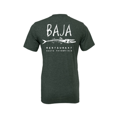 Baja Logo (White, Pocket & Back) - Tee (BELLA + CANVAS 3001CVC - Heather Forest)