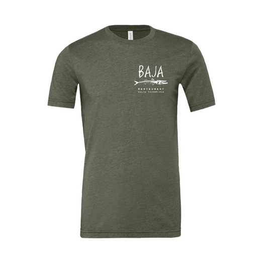 Baja Logo (White, Pocket & Back) - Tee (BELLA + CANVAS 3001CVC - Heather Military Green)