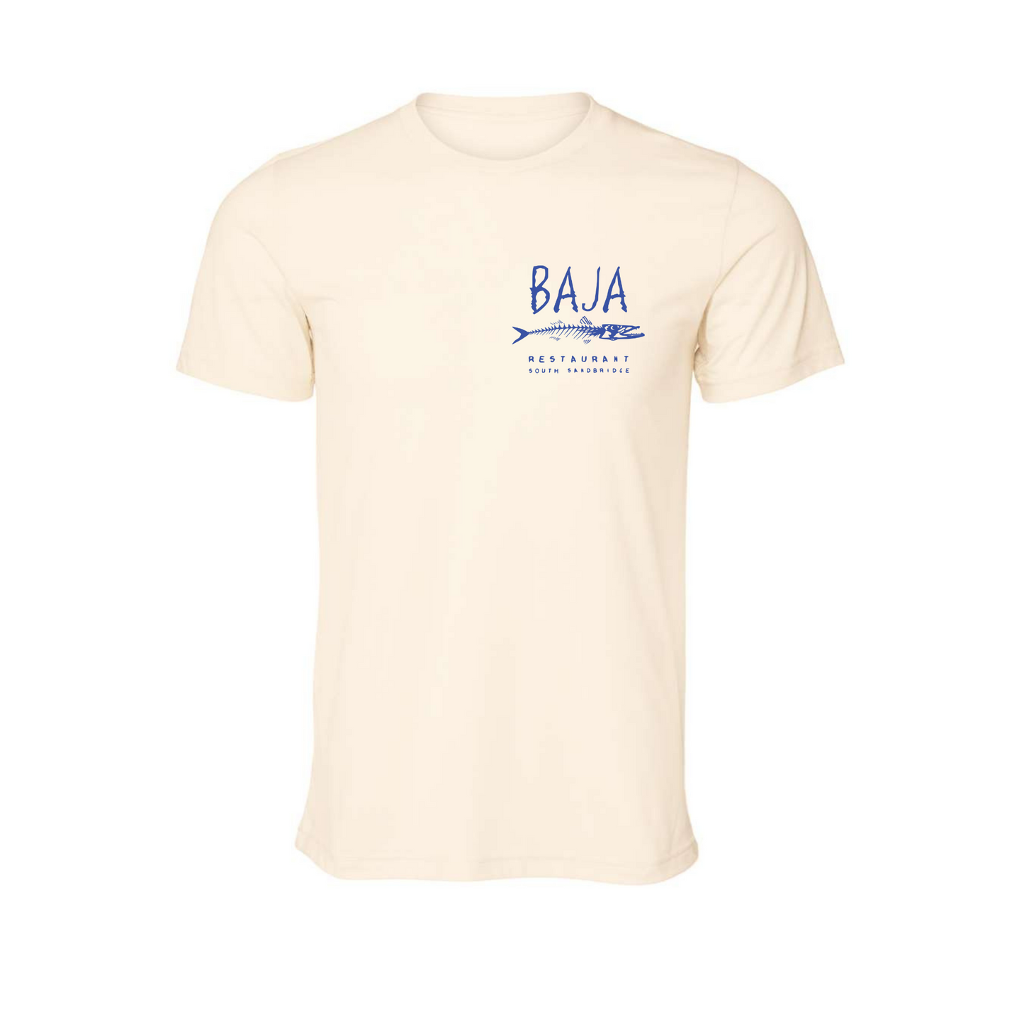 Baja Logo (Blue, Pocket) & Flag (Red/White/Blue, Back) - Tee (BELLA + CANVAS 3001CVC, Heather Natural)