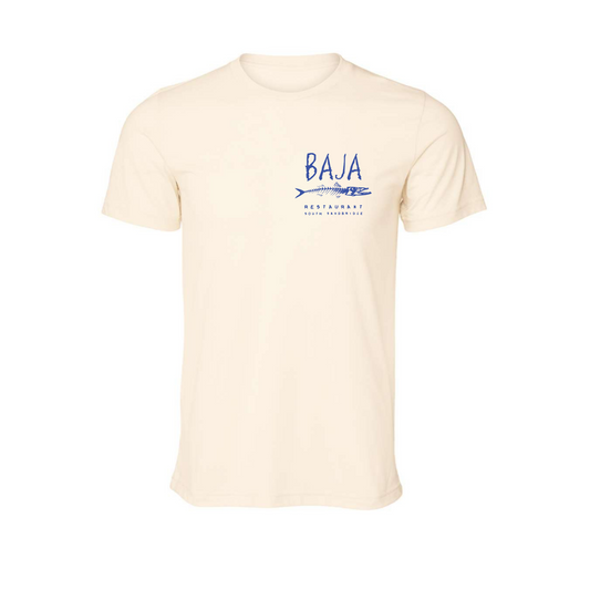 Baja Logo (Blue, Pocket) & Flag (Red/White/Blue, Back) - Tee (BELLA + CANVAS 3001CVC, Heather Natural)