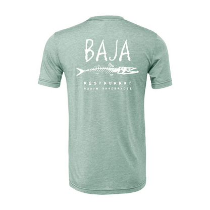 Baja Logo (White, Pocket & Back) - Tee (BELLA + CANVAS 3001CVC - Heather Dusty Blue)