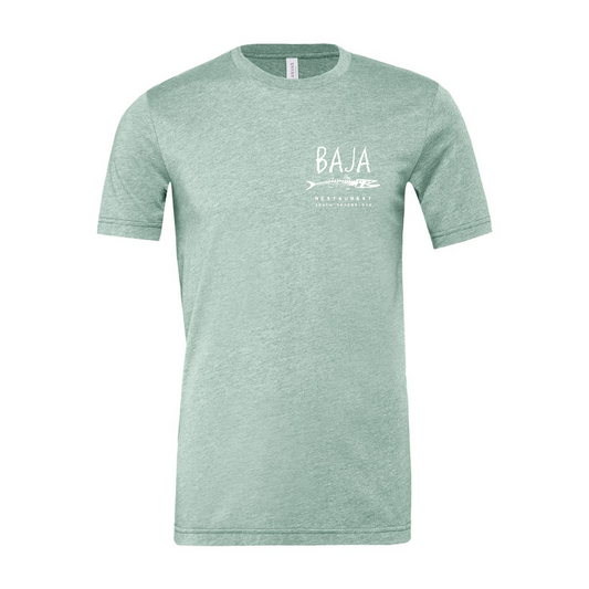 Baja Logo (White, Pocket & Back) - Tee (BELLA + CANVAS 3001CVC - Heather Dusty Blue)