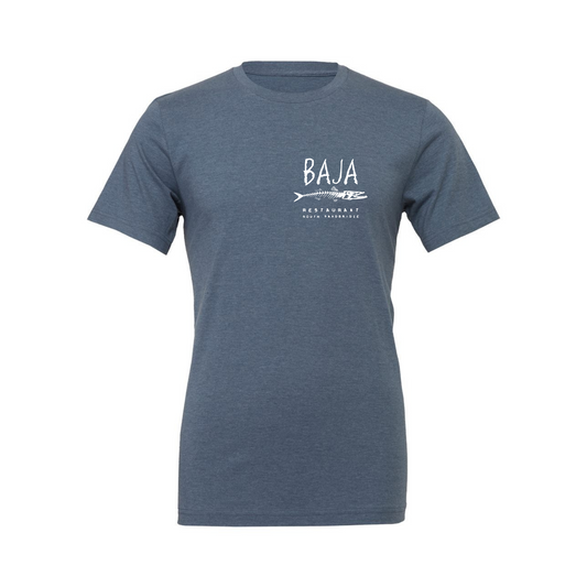 Baja Logo (White, Pocket & Back) - Tee (BELLA + CANVAS 3001CVC - Heather Slate)
