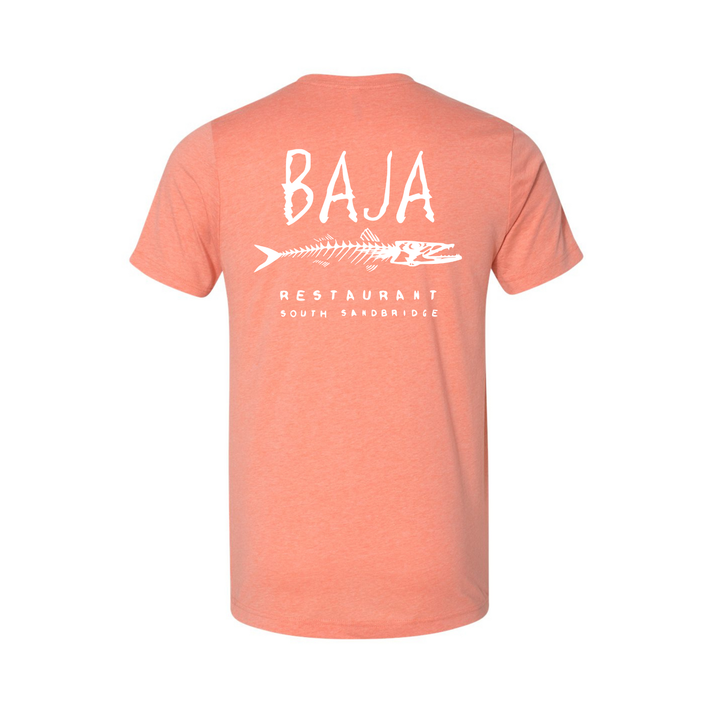 Baja Logo (White, Pocket & Back) - Tee (BELLA + CANVAS 3001CVC - Heather Sunset)
