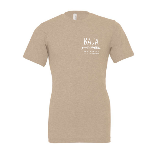 Baja Logo (White, Pocket & Back) - Tee (BELLA + CANVAS 3001CVC - Heather Tan)