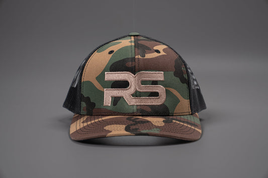 RS Logo (Brown, Embroidered) - Hat (Camo/Black/Camo Bill, Trucker, Mesh)