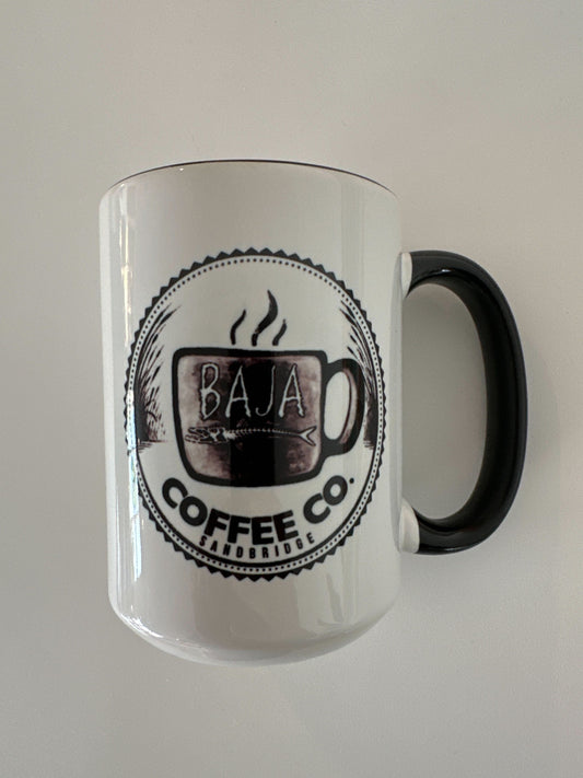 Baja Coffee Logo (Grayscale) - 15 Ounce Ceramic Mug (Black Handle & Rim) - Sublimation