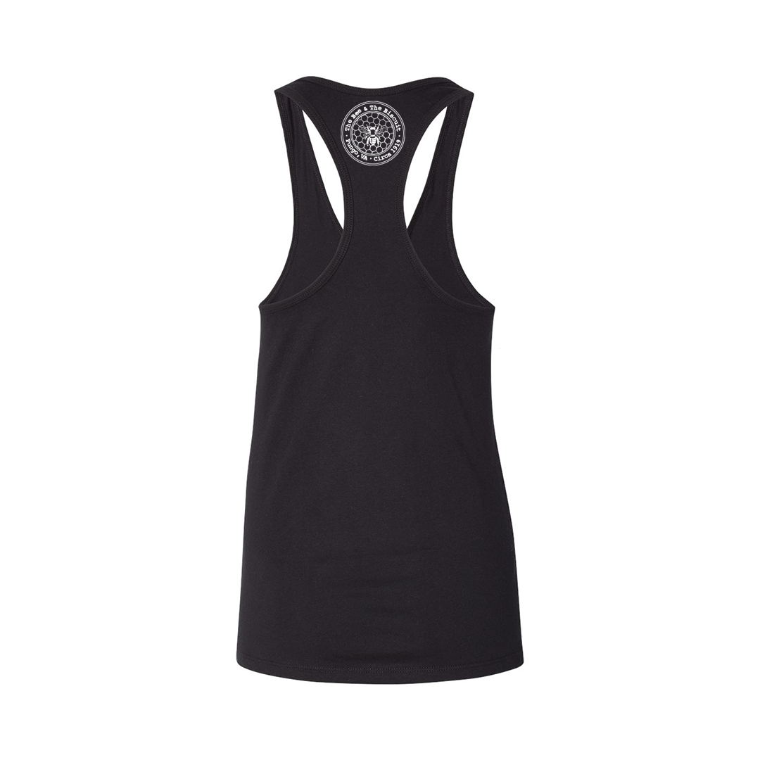 Save the Bees (White/Yellow, Front) & Logo (White, Nape of neck) - Women's Racer Back Tank Top (Black, BELLA + CANVAS 6008)