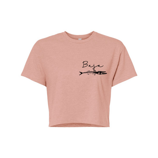 Baja Fish & Script Logo (Black, Pocket) - Cropped Tee (Next Level 1580 - Desert Pink)