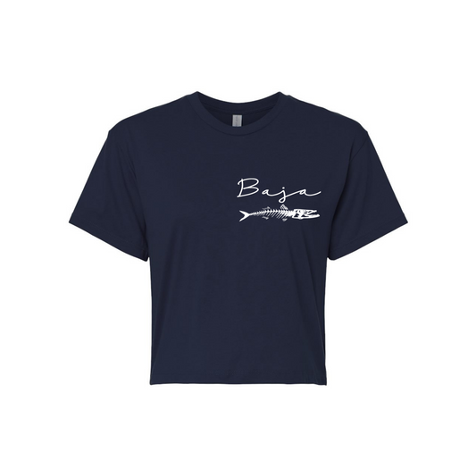 Baja Fish & Script Logo (White, Pocket) - Cropped Tee (Next Level 1580 - Midnight Navy)