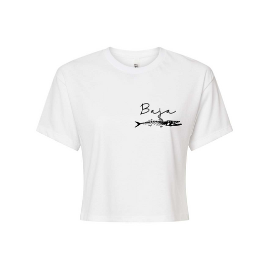 Baja Fish & Script Logo (Black, Pocket) - Cropped Tee (Next Level 1580 - White)