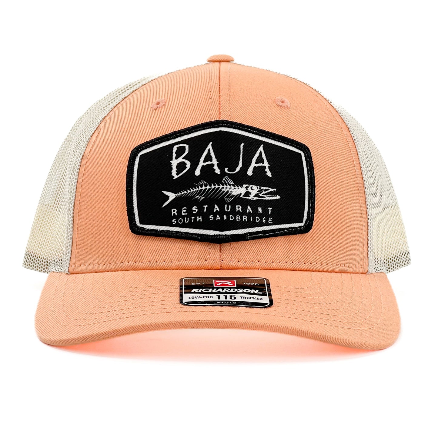 Baja Restaurant South Sandbridge (Applique Embroidered Patch) - Trucker Hat (Richardson 115 - Sunkissed Peach/Birch)