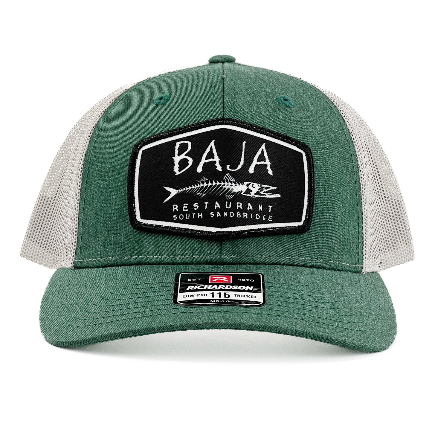 Baja Restaurant South Sandbridge (Applique Embroidered Patch) - Trucker Hat (Richardson 115 - Heather Dark Green/Silver)