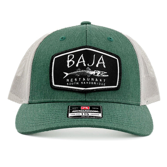 Baja Restaurant (Applique Embroidered Patch) - Trucker Hat (Richardson 115 - Heather Dark Green/Silver)