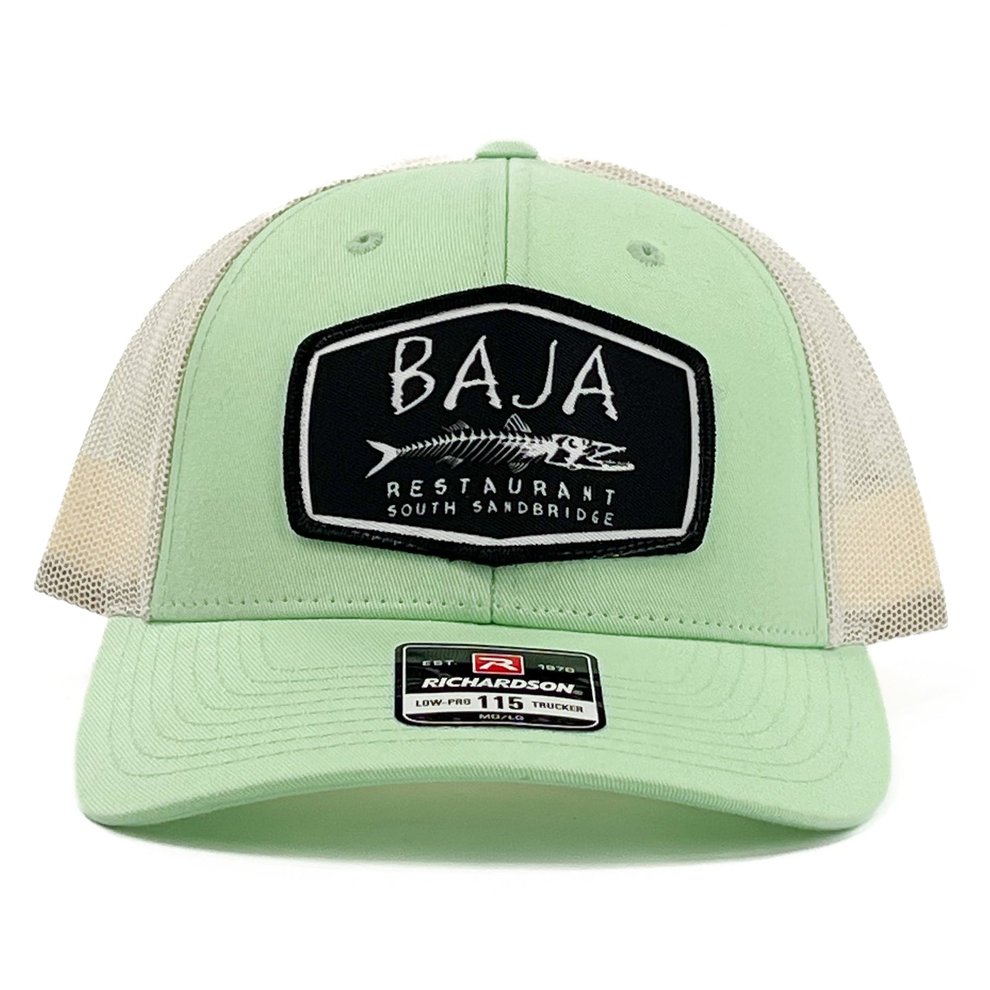 Baja Restaurant South Sandbridge (Applique Embroidered Patch) - Trucker Hat (Richardson 115 - Patina Green/Birch)