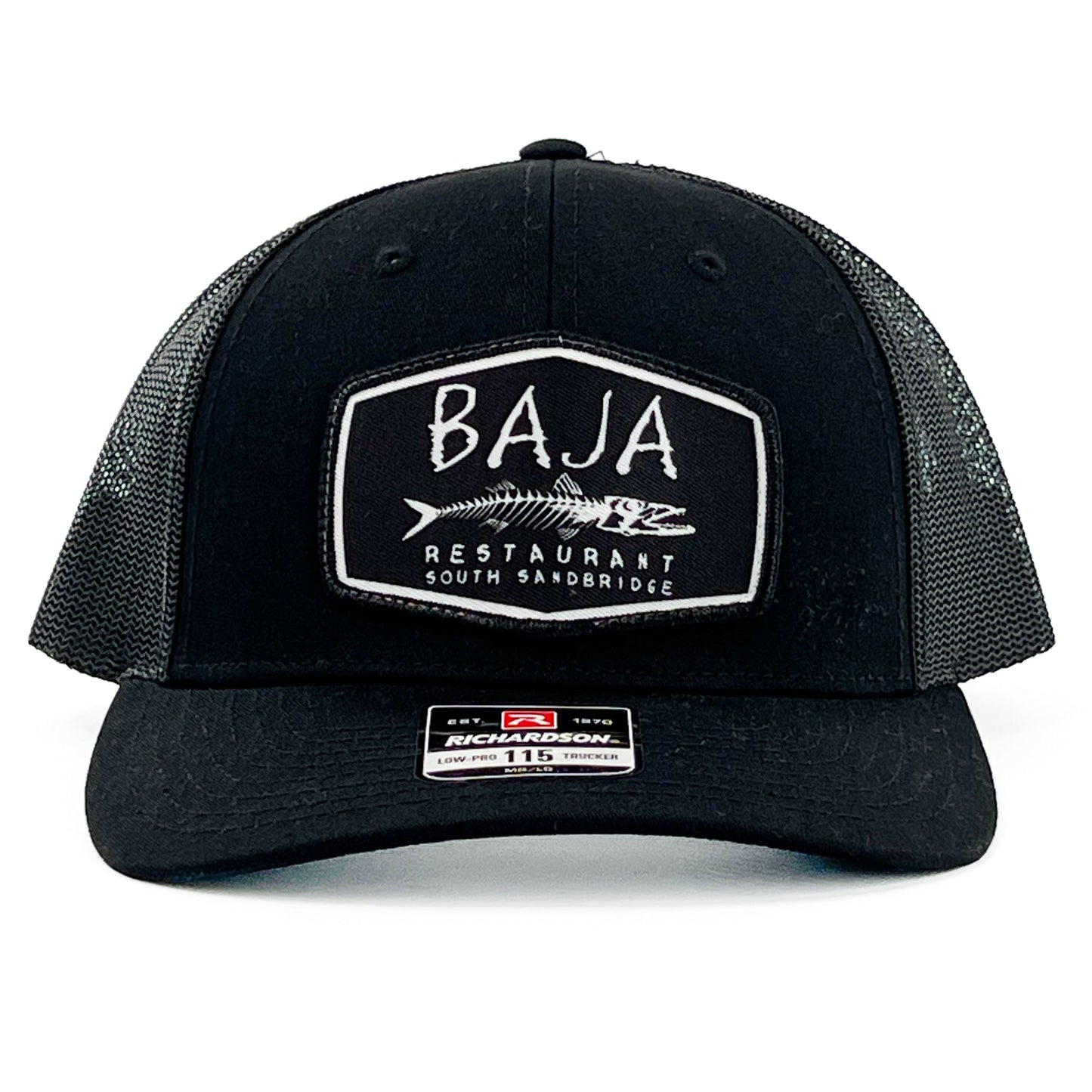 Baja Restaurant South Sandbridge (Applique Embroidered Patch) - Trucker Hat (Richardson 115 - Black)