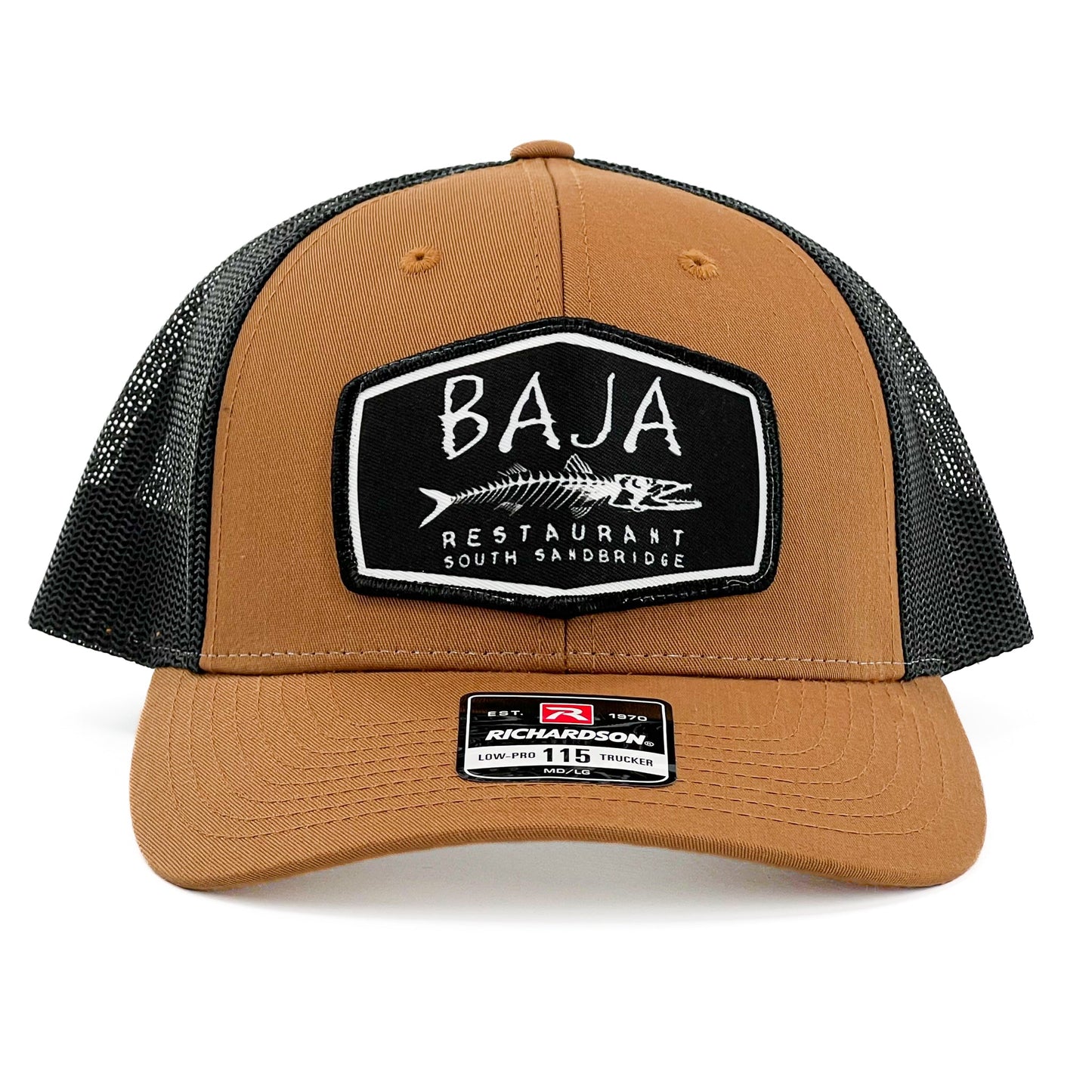 Baja Restaurant South Sandbridge (Applique Embroidered Patch) - Trucker Hat (Richardson 115 - Carmel/Black)