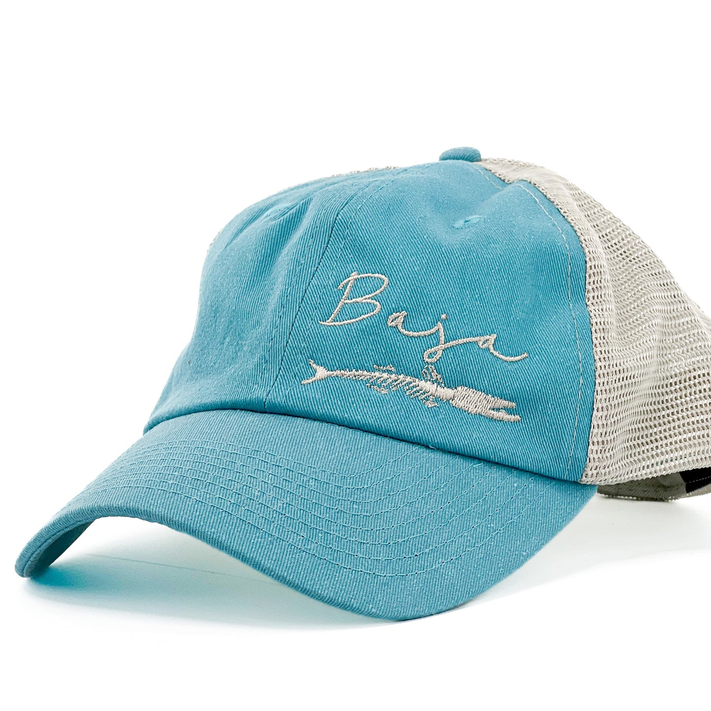 Baja Fish & Script Logo (Stone, Corner) - Unstructured Trucker Hat (Sportsman SP510 - Aqua/Stone)