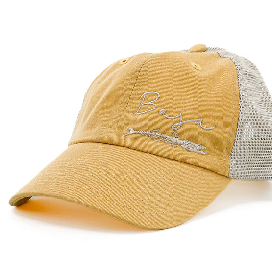 Baja Fish & Script Logo (Stone, Corner) - Unstructured Trucker Hat (Sportsman SP510 - Mustard Yellow)