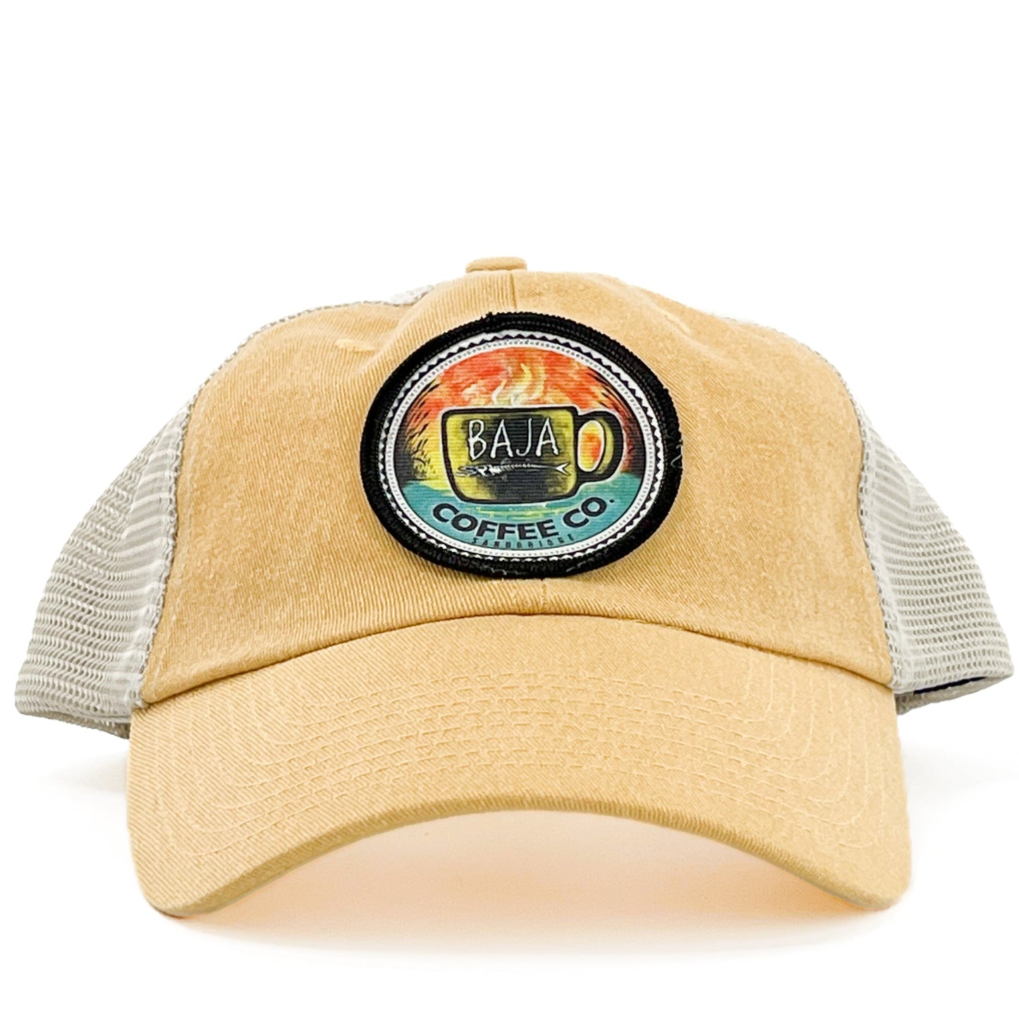 Full Color Baja Coffee Logo (2.5" Appliqued Sublimated Patch) - Unstructured Trucker Hat (Sportsman SP510 - Mustard Yellow/Stone)