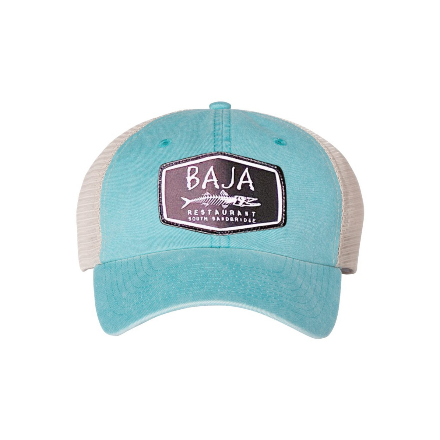 Baja Restaurant South Sandbridge (Applique Embroidered Patch) - Unstructured Trucker Hat (Sportsman SP510 - Aqua/Stone)