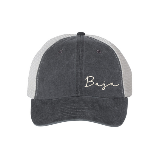 Baja Script Logo (Stone, Corner) - Unstructured Trucker Hat (Sportsman SP510 - Black/Stone)