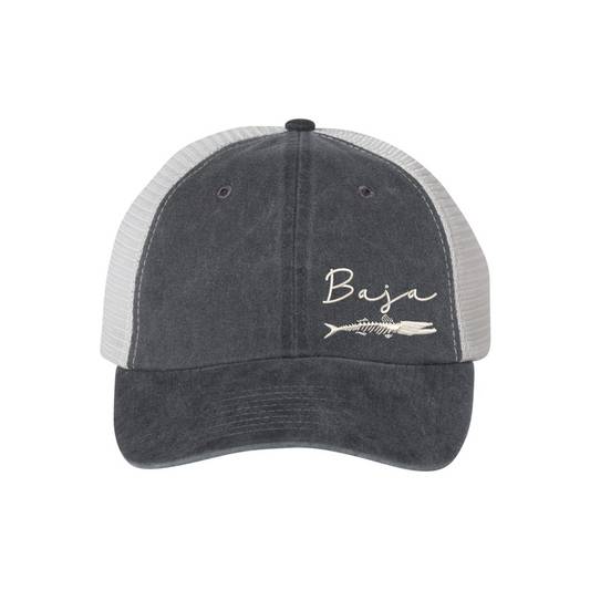 Baja Fish & Script Logo (Stone, Corner) - Unstructured Trucker Hat (Sportsman SP510 - Black/Stone)
