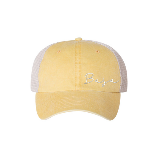 Baja Script Logo (Stone, Corner) - Unstructured Trucker Hat (Sportsman SP510 - Mustard Yellow)
