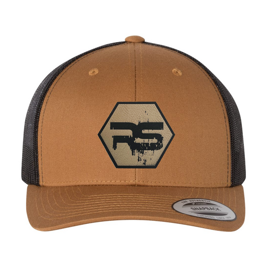 RS Grunge Logo (Laser Engraved Hexagon Patch) - Hat (Caramel/Black, Trucker, Mesh)