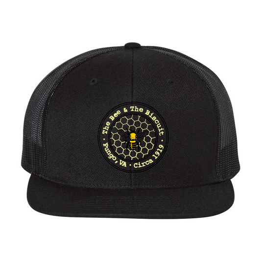 Logo (Embroidered) - Flat Bill Trucker Hat ( Black/Black, Richardson 115)