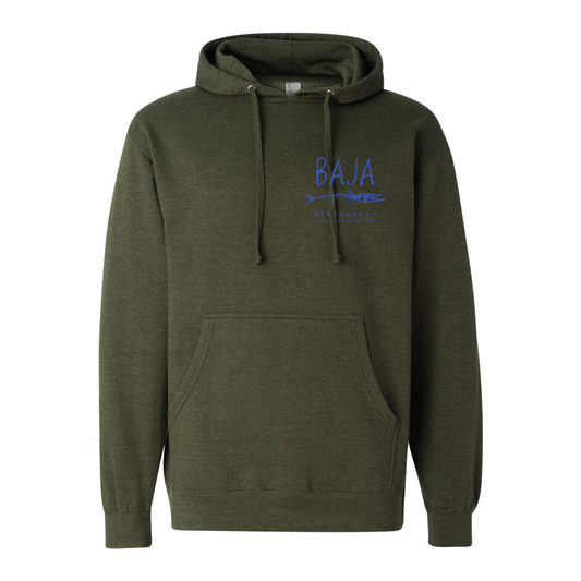 Baja Logo (Blue, Pocket) & Flag (Red/White/Blue, Back) - Hoodie (Independent Trading Co  SS4500 - Army Heather)