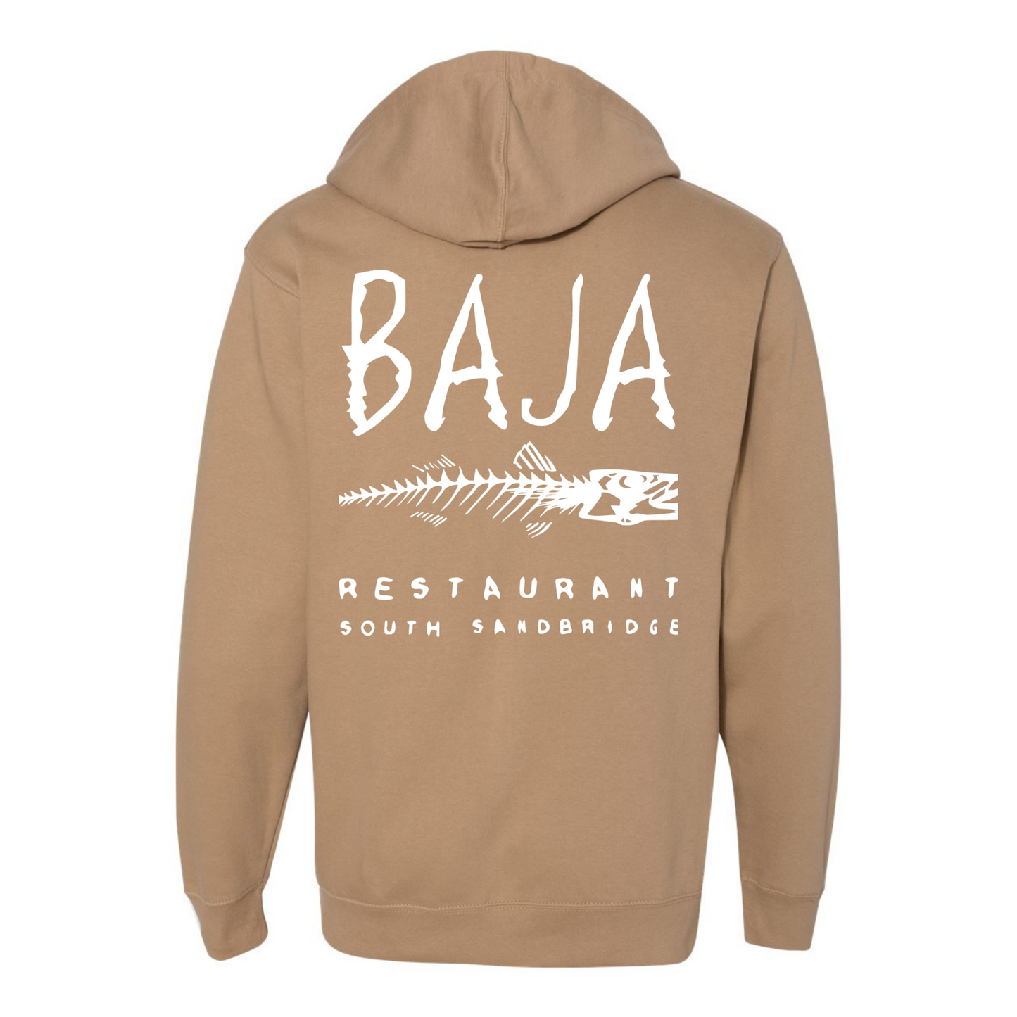 Baja Restaurant South Sandbridge (Left Chest & Back, White) - Hoodie (Independent Trading Co - SS4500 - Sandstone)