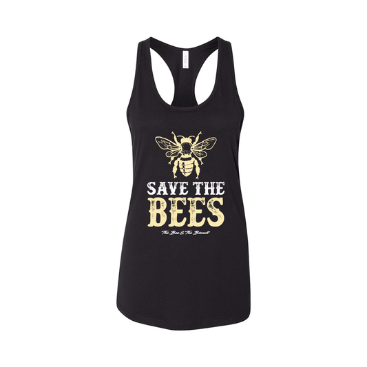 Save the Bees (White/Yellow, Front) & Logo (White, Nape of neck) - Women's Racer Back Tank Top (Black, BELLA + CANVAS 6008)