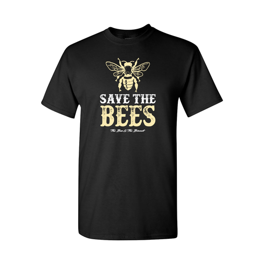 Save the Bees (White/Yellow, Front) & Logo (White, Nape of neck) - Tee (Black, Gildan 5000)