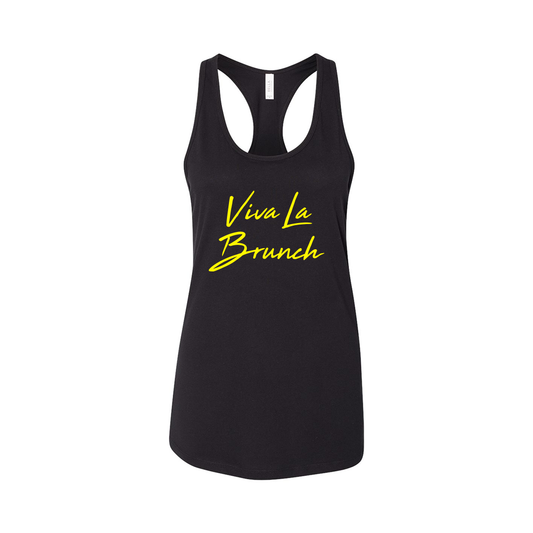 Viva La Brunch (Yellow, Front) & Logo (White, Nape of neck) - Women's Racer Back Tank Top (Black, BELLA + CANVAS 6008)