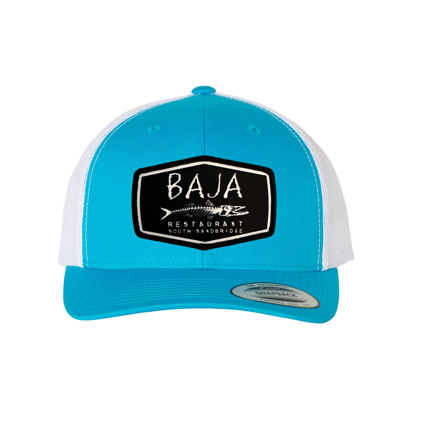 Baja Restaurant South Sandbridge (Applique Embroidered Patch) - Trucker Hat (YP Classic 6606 - Turquoise/White)